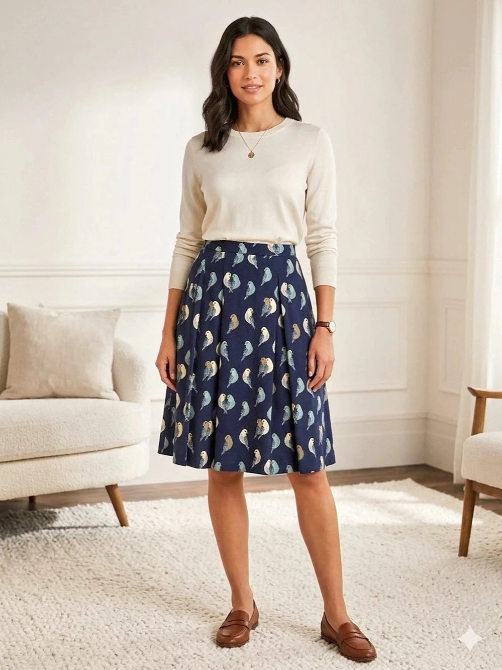 Mikarose Love Bird Pleated Skirt A-Line Skirt Blue & Green XS